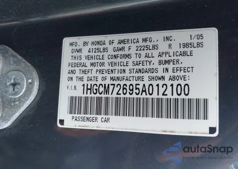 2005 Honda Accord 2.4 Ex из США, поврежденный, VIN 1HGCM72695A012100